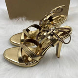 New Style Pointed-Toe High Heels Women Sandals Metal Buckle Open-Toe Slim Heel Ankle Strap Golden Ladies Pumps