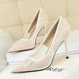 Size 43 Chaussure Femme Talon Slip on Lace Sex Elegant Style Female Lace Black Heels for Ladies and Women