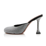 Elegant Women Rhinestone High Heel Mules Sparkly Crystal Round Toe Pumps With Flare Heel for Evening Party Wedding Shoes