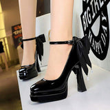 Women's High-Heel Platform Pumps with Double-Layer Waterproof Sole, Slip-On Buckle Strap and Large Back Bow