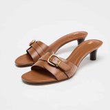 Sandales a Talons Hauts New Summer Style Brown Women Peep-Toe Slide Sandals with Buckle Closure Casual Shoes