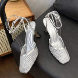 Sandalias De Tacon Rhinestone Mesh Fashion Slippers 2025 Summer & Spring Women Heels