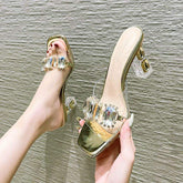 Unique Sandales Femmes Comfortable PVC Sexy Rhinestone Transparent Clear Block Women Heels