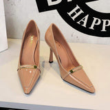 Sexy Banquet Shoes 2025 New Metal Buckles Pointed Toe Women's Sffice Patent Leather Heels