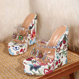 Kadin Sandalet Women Peep Toe Rhinestone Transparent Strap Platform Sandals Floral Embroidery Wedge Heels
