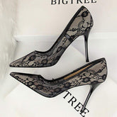 Size 43 Chaussure Femme Talon Slip on Lace Sex Elegant Style Female Lace Black Heels for Ladies and Women