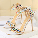 Colorful Sandales Chaussure Talon Femme Bling Crystal Reflective Fashion Sexy Metal Stud Rivet Glitter Women Heels for Ladies