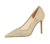 Rhinestone Mesh Women's Pointed Toe Luxury Dress Wedding Shoes Elegant Single Heels