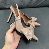 Women's Patent Leather Stiletto Sandals for Spring & Summer - Closed-Toe with Bow, Ankle Strap High-Heel Dress Shoes