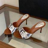 Talon Elegant Buckle Stiletto Open Toe Slip-On Slippers Metallic & Green Summer Slides Sandals Heel for Ladies