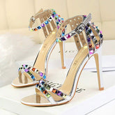 Sandales a Talons Hauts Women's Stiletto Heel Roman Sandals High Heel, Open-Toe with Colorful Rivets