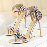 Sandales a Talons Hauts Women's Stiletto Heel Roman Sandals High Heel, Open-Toe with Colorful Rivets