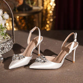 Elegant White Satin Pointed Toe Slingback Sparkling Crystal Heart Buckle and Adjustable Ankle Straps Heels for Women
