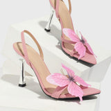 Women's Pointed-toe 3D Butterfly Embellished Sandals with Electroplated Stiletto Heels - Pink High-heel Shoes