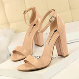Bigtree Tacon Zapatos Mayorista Summer Patent Leather Open Toe Sexy Sandals Women Chunky Block Heels for Ladies