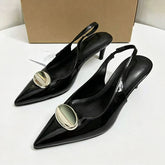Glossy Patent Leather Heels Women Pointed Toe Slingback Pumps Large Metallic Buckle Elegant Low Kitten Heel Dress Shoes