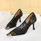 Elegant Shoes Women New Summer Woven Lace Metal Square Toe Sandals Stylish Comfortable Single Shoes Heels