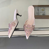 Elegant Pink Lace Kitten Heel Mules Women Crystal Beaded Pointed Toe Sandals Breathable Mesh Wedding Party Heels