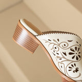 Women Vintage Cut Out Mules 4Cm Block Heel Pointed Toe Slides Breathable Cowhide Upper Sheepskin Insole Non Slip Casual Shoes