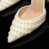 Big Size Ladies Full Pearl Decorated High Heels Pointed Toe Slingback Pumps Elegant White Dress Shoes Women Sexy Heeled Sandals