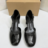 Women Black Patent Leather Mary Jane Pumps Elegant Block Mid Heel Shoes Retro Ankle Strap Dress Shoes Office Party