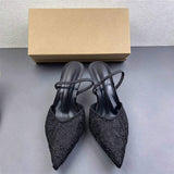 Fashion Lace Embroidered Womens Mule Flats Pointed Toe Back Slip on Comfortable Dress Shoes Ladies Heeled Sandals