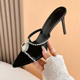 New Arrival Estilo De Tacones New Luxury Rhinestone Pearl Detail Pointed Toe Mules Ladies Satin Stiletto Heel