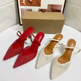 Fashionable Closed-Toe Women's High Heel Sandals Mesh+PU with Artificial Pearls, Pointed Stiletto Heel for Western Style