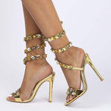 Ankle Wrap Lace up Chaussures a Talons Sharp Toe Luxury Sexy Diamond Gold Strappy Heels for Women