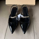 Women's Pointed-toe Patent Leather Kitten Heel Sandals Chain Embellished Back Strap 4.5cm Slide Heeled Sandals