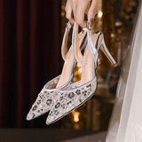 8CM Sparkly Flower Evening Gown Footwear Champagne Silver Ladies Sexy Backstrap Sandals Comfortable Thin Heel