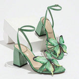 Cross-Strap Pointed-Toe Peep-Toe Ladies Block Heel Sandals with Butterfly Embellishments for Women