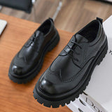 Thick Sole Height Increasing 4cm Good Quality Brogue Pattern Loafers Round Toe Lace up Durable Men Chunky Dress Shoes