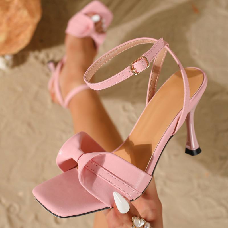 Summer Bow Sandals Women Trendy Square Toe Dress Shoes Comfortable Ankle Strap Party Pumps Outdoor Heels