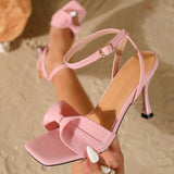 Summer Bow Sandals Women Trendy Square Toe Dress Shoes Comfortable Ankle Strap Party Pumps Outdoor Heels