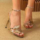 Golden Color Ladies Sexy Fashion Sandals Quality Squared Toe Ankle Strap Butterfly Women High Heel Shoes Pumps