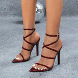 Ladies' Multiple Single-Strap Cross Ankle-Strap Pointed-Toe Women Sexy High Heel Sandals - Burgundy Extra-High Heel Footwear