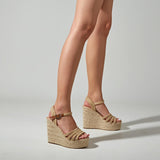 Sandales Compensees European Fashion Peep Toe Trendy T Strap High Heel Shoes Women Platform Wedge Palm Sandals