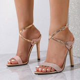 Women's Pointed-Toe Glitter Ankle Strap Stiletto Sandals with Single Band - Rose Gold, European & American Style