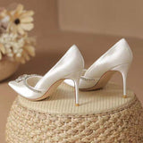 Satin Pointed Toe Stiletto Pumps Bridal Wedding Evening Party Dress Shoes Luxury Crystal Rhinestone High Heels for Women