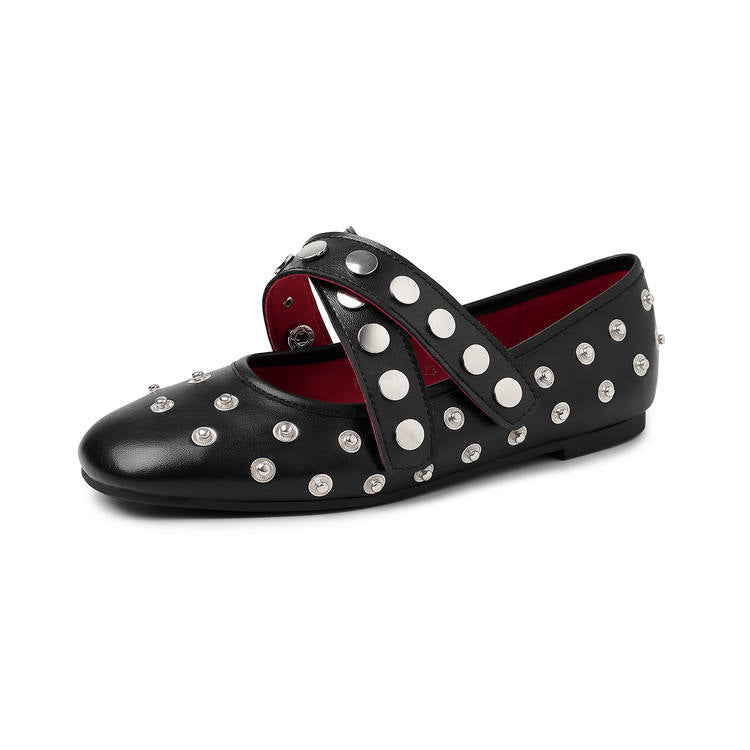 Genuine Sheepskin Leather Mary Jane Flats for Women Studded Round Toe Cross Strap Walking Shoes Punk Style Lady Flat