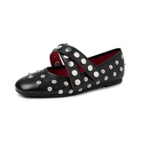 Genuine Sheepskin Leather Mary Jane Flats for Women Studded Round Toe Cross Strap Walking Shoes Punk Style Lady Flat