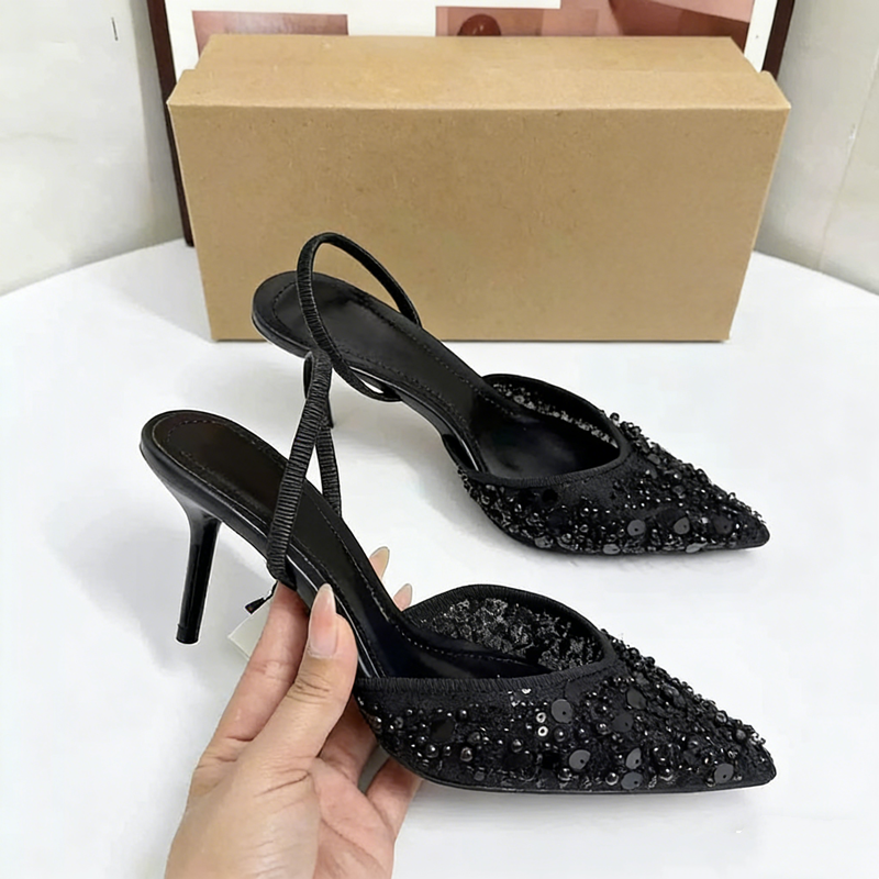Sparkly Women Pointed Toe Stiletto Pumps Chic Sequin Beaded Slingback Heels Glamorous Evening Dress Shoes Wedding Guest Heels