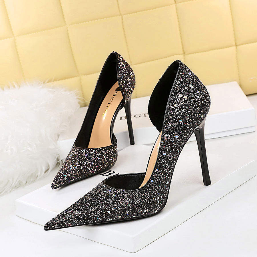 Sequin Talons Style Leather Ladies Slippers Female Shoes Heels for Ladies