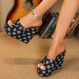 Denim Fashionable Sexy Sapato De Salto Slip on Thick Sole Open Toe Sandals Wedge Platform Heels