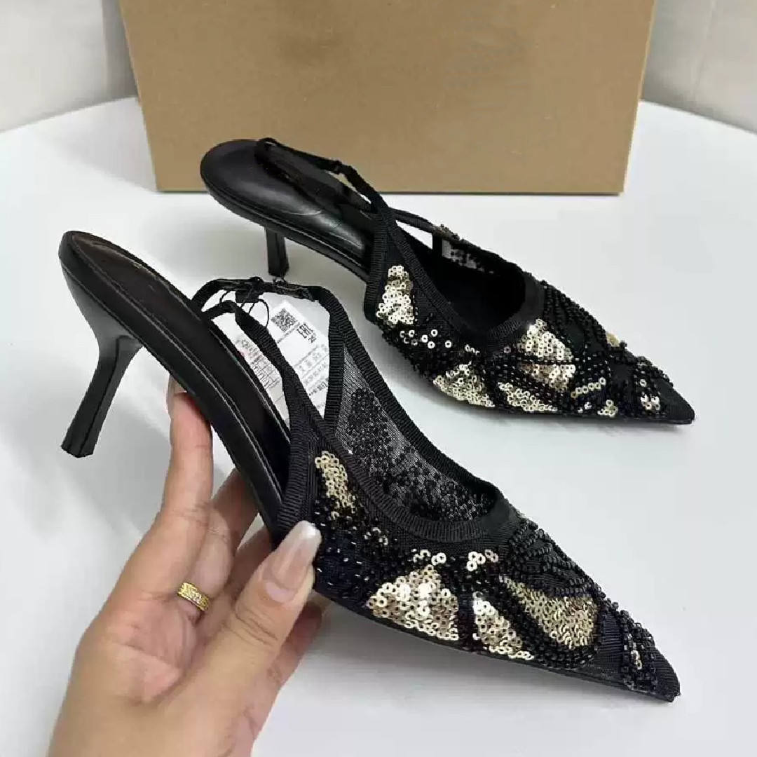 Women Quality Casual Shoes Ladies' Heeled Sandals Black and Gold Sequin Beaded Peep-Toe Back-Strap Pumps