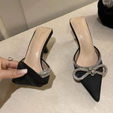 2025 New Fashion Salto Alto Summer Female Slides Mules Low Shoes Bow Kitten Heels for Ladies