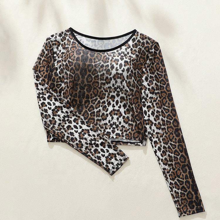 High Quality Stylish O-Neck Skinny Leopard Print Sexy Black Women's Top Long Sleeve Micro Sheer Crop Top for Date