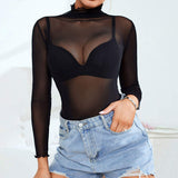 Hot Selling Solid Color Elegant Women's Sheer Shirt Sexy Tight High Neck Long Sleeve Sheer Mesh Top Base Layer
