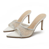 Women's Rhinestone Mesh Pointed Toe Stiletto Mule Sandals Soft Insole Slip on Ladies Sexy Heeled Sandals